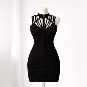 Bebe Black Bodycon Party Dress Cage Neckline Mini S